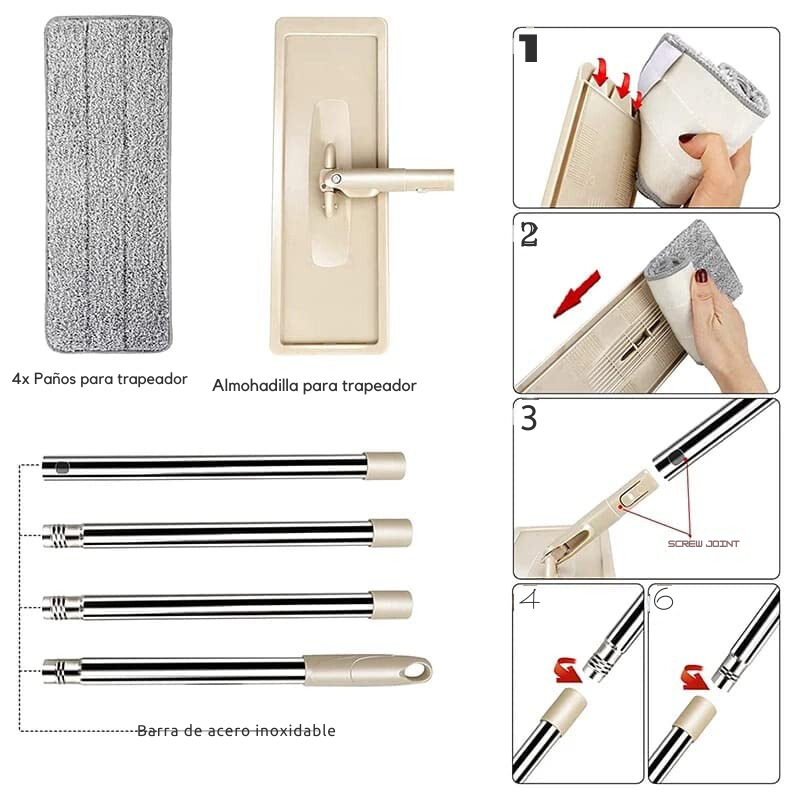 Mopa Plana Grande Súper Absorbente + 4 almohadillas de microfibra y un cubo gratis de 7L